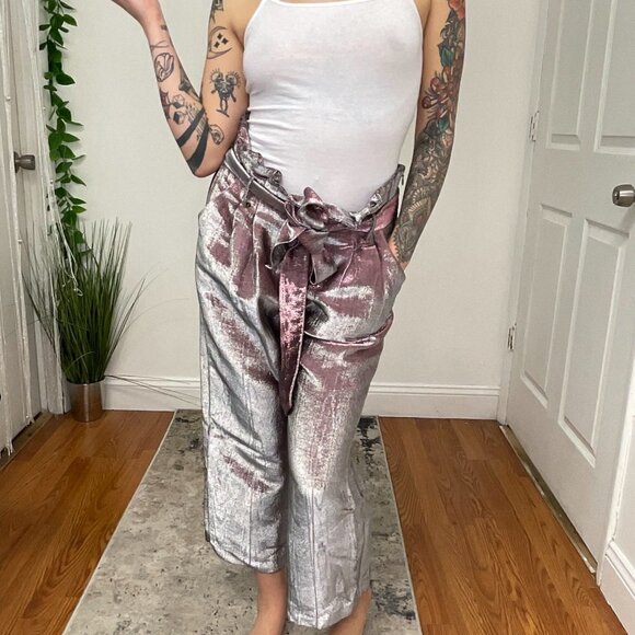 Badgley Mischka Metallic Cropped Trousers Pants Tie-Waist Size 2 Gray - Picture 7 of 8